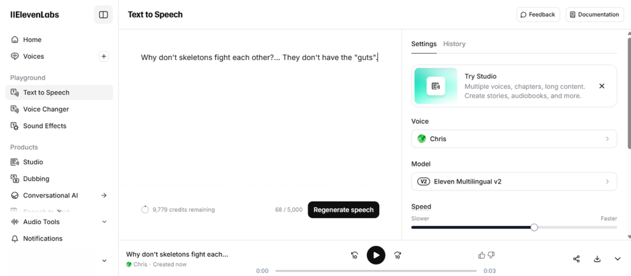 ElevenLabs' text to speech sad generator interface