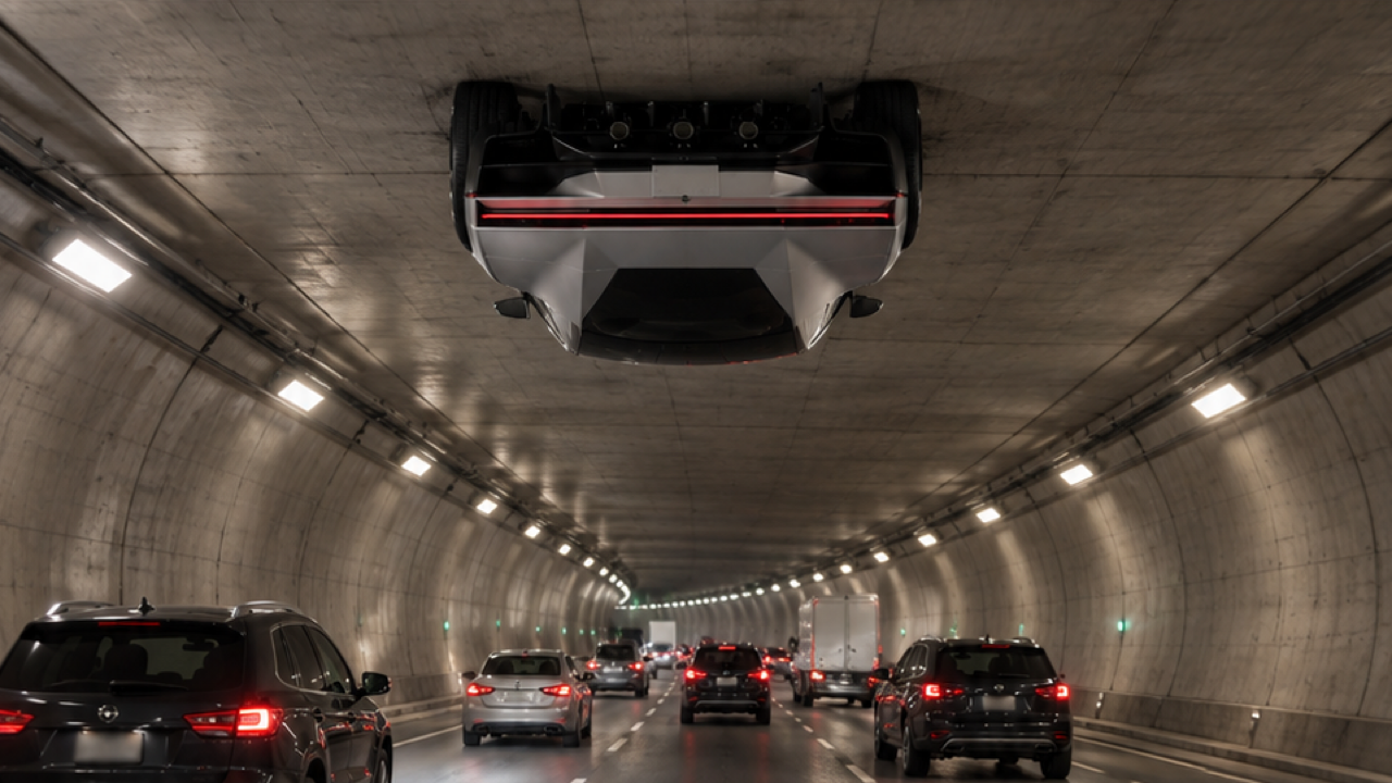 Un Roadster unghiular alb-argintiu de nouă generație cu capul în jos pe tavanul unui tunel oval, toate cele patru anvelope întâlnind tavanul și acoperișul său negru orientat spre drum, lumină spate roșie subțire vizibilă deasupra traficului staționar vertical