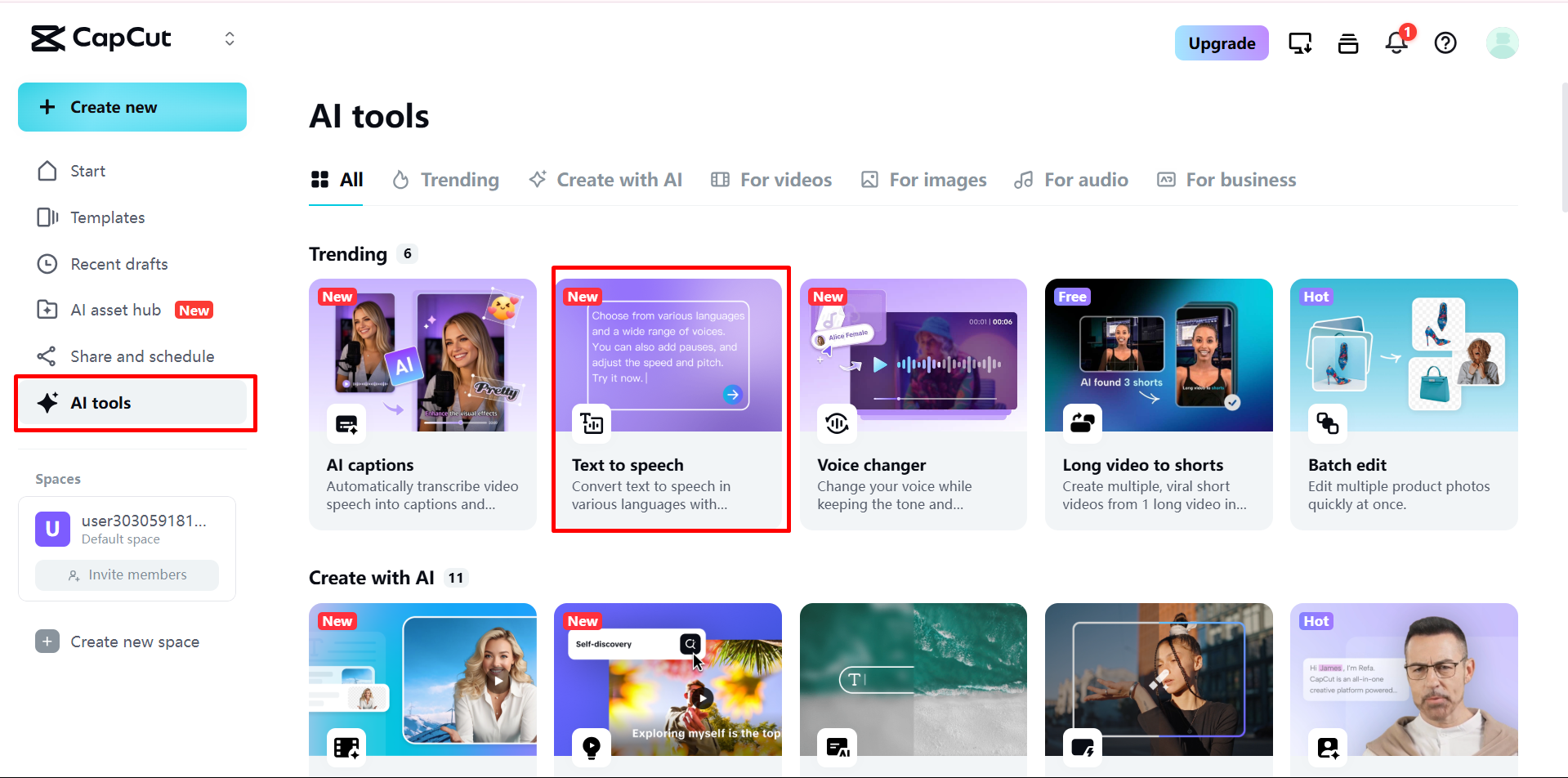 Accessing the text-to-speech tool on CapCut Web