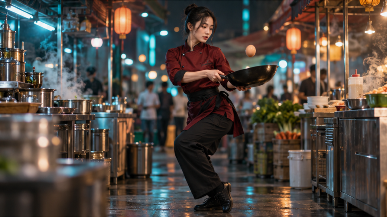 高階逼真16:9靜止關鍵幀，不鏽鋼夜市烹飪站的原創成人女廚師酒紅色夾克，齊腰高的深色平底鍋上方懸掛著一個雞蛋，雙手緊湊型戲劇蹲下姿勢支撐平底鍋，有趣的臉，青色和琥珀色散景，整個頭部和雙手可見，沒有文字標牌標誌或水印。
