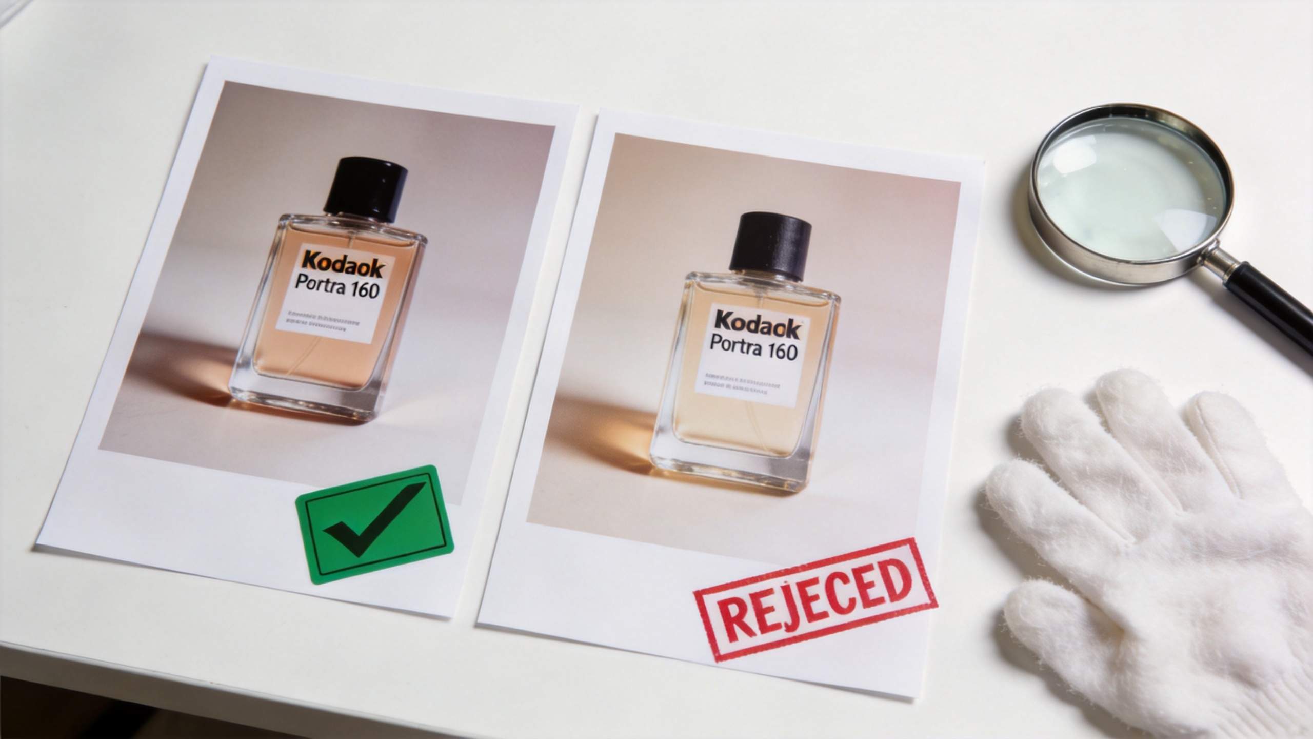 Two product photos of a perfume bottle, one marked with a green check and one with a red rejected stamp.