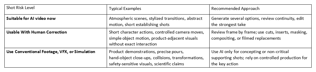 Table comparing shot risk levels, examples, and recommended approaches for AI video use