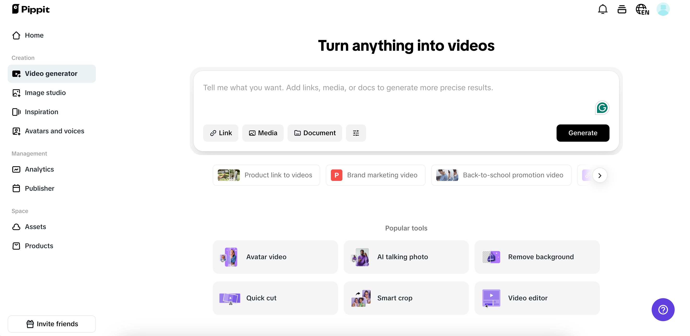 Painel do gerador de vídeo do Pippit