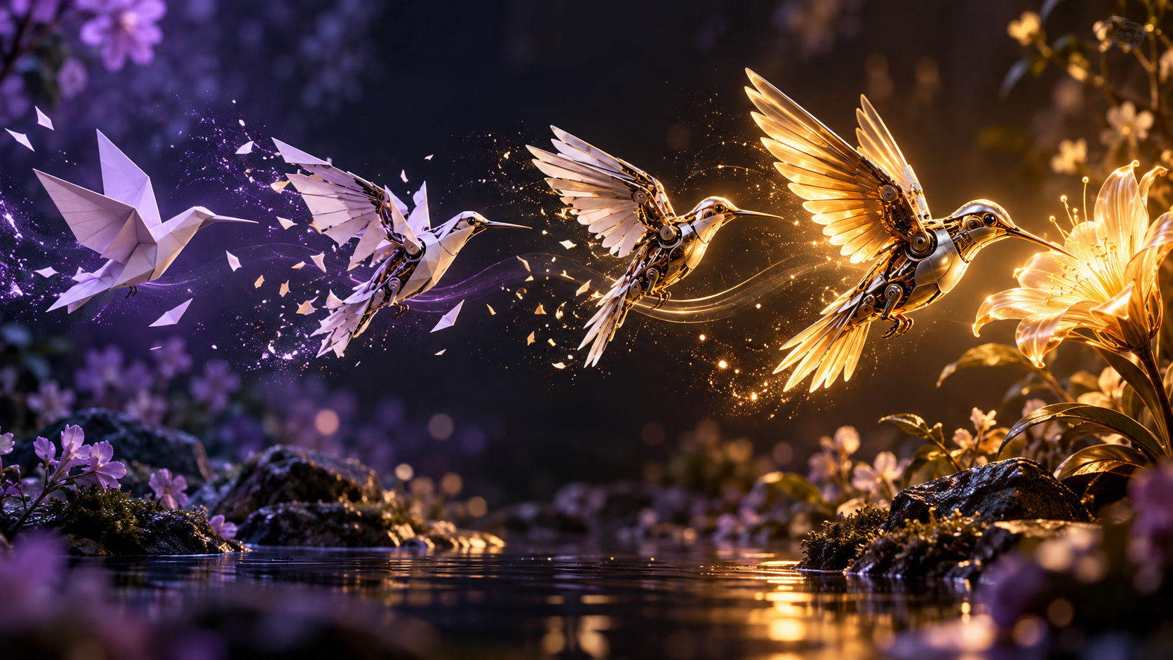 Origami bird transforming into a mechanical hummingbird at a glowing flower