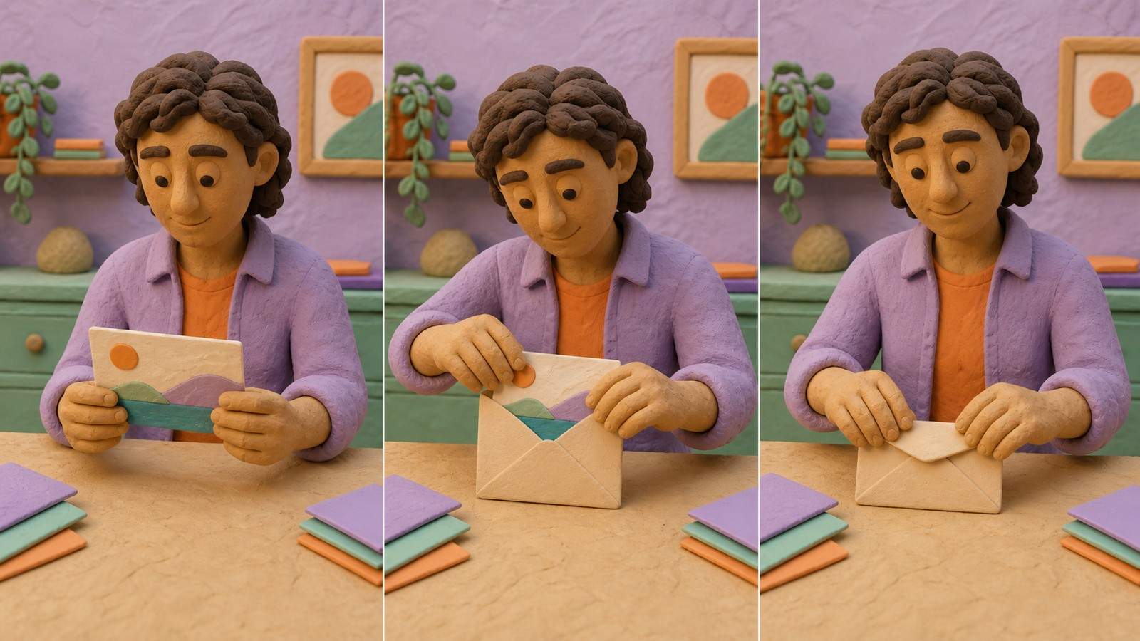 Three-step clay figure opens and seals a letter at a desk