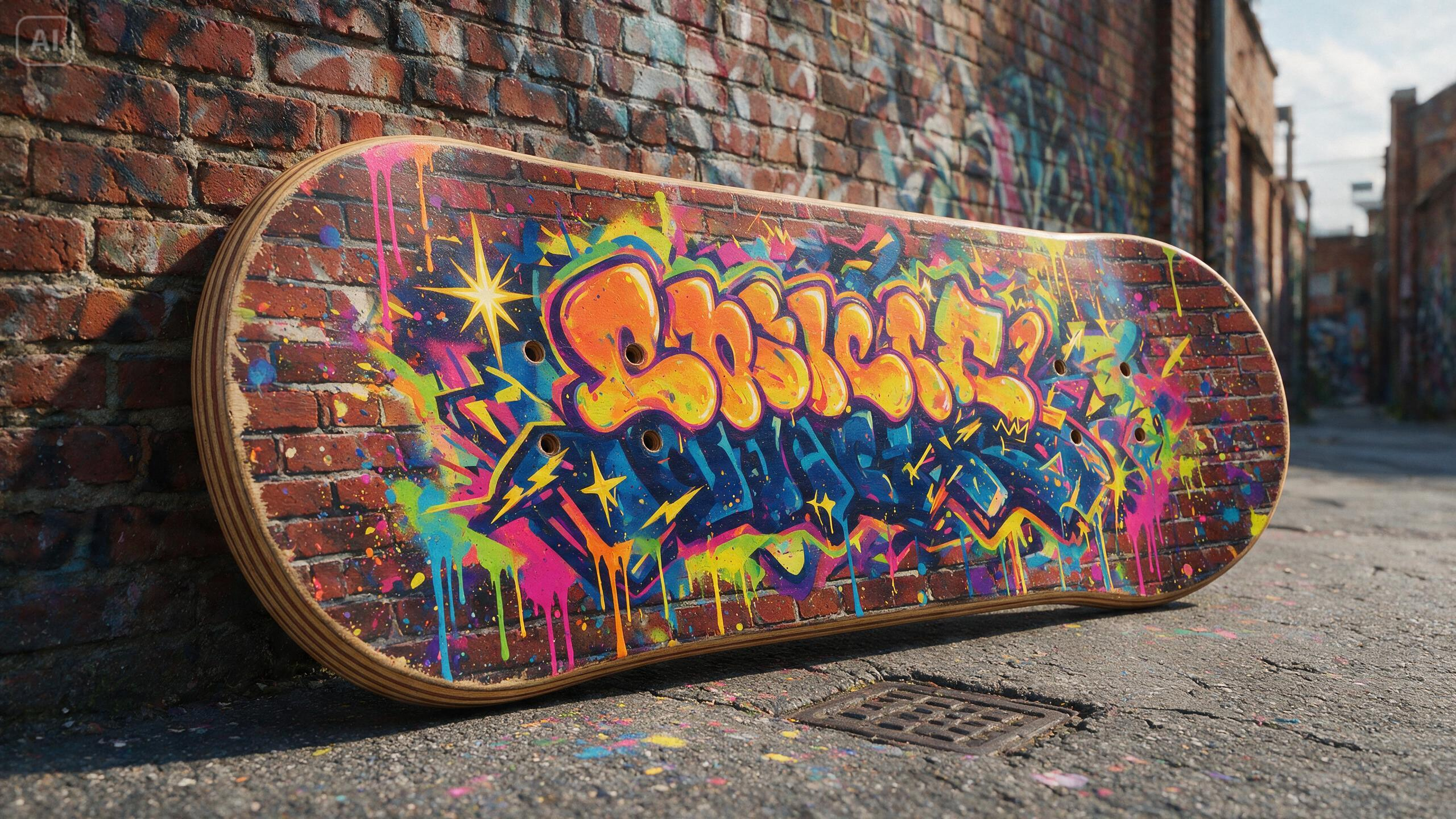 Prompt for a graffiti-style deck design for Free Custom Skateboard Generator: Create Your Design