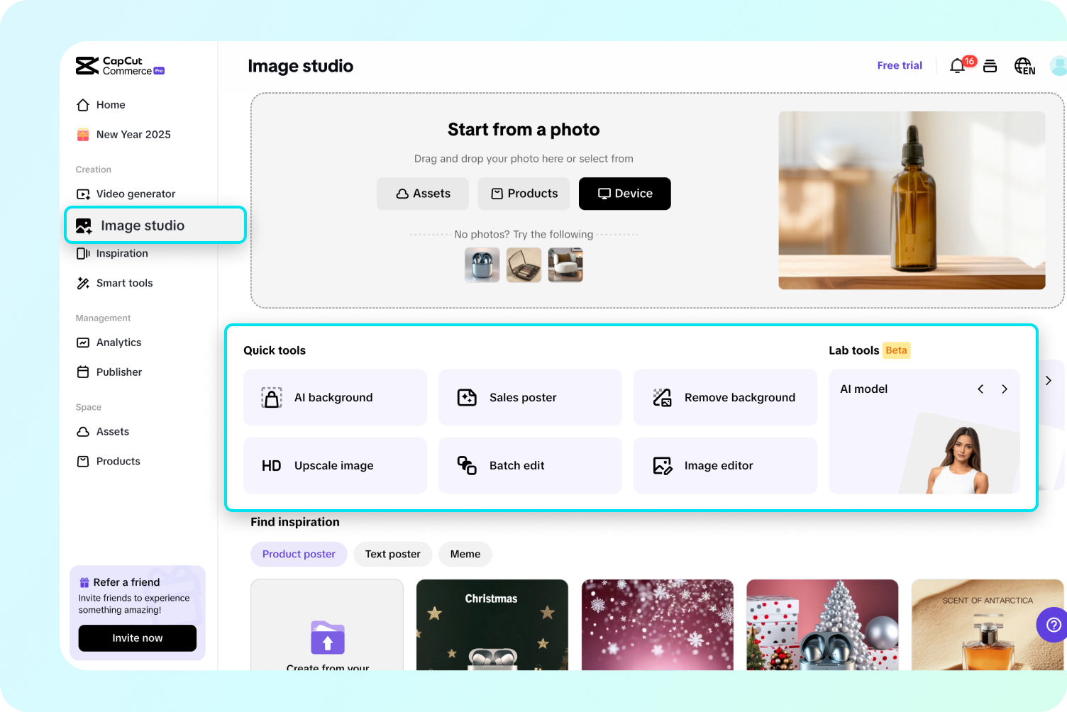 Pippit's Image Studio dashboard showing the "Upscale Image" and "Image Editor" options clearly visible.
