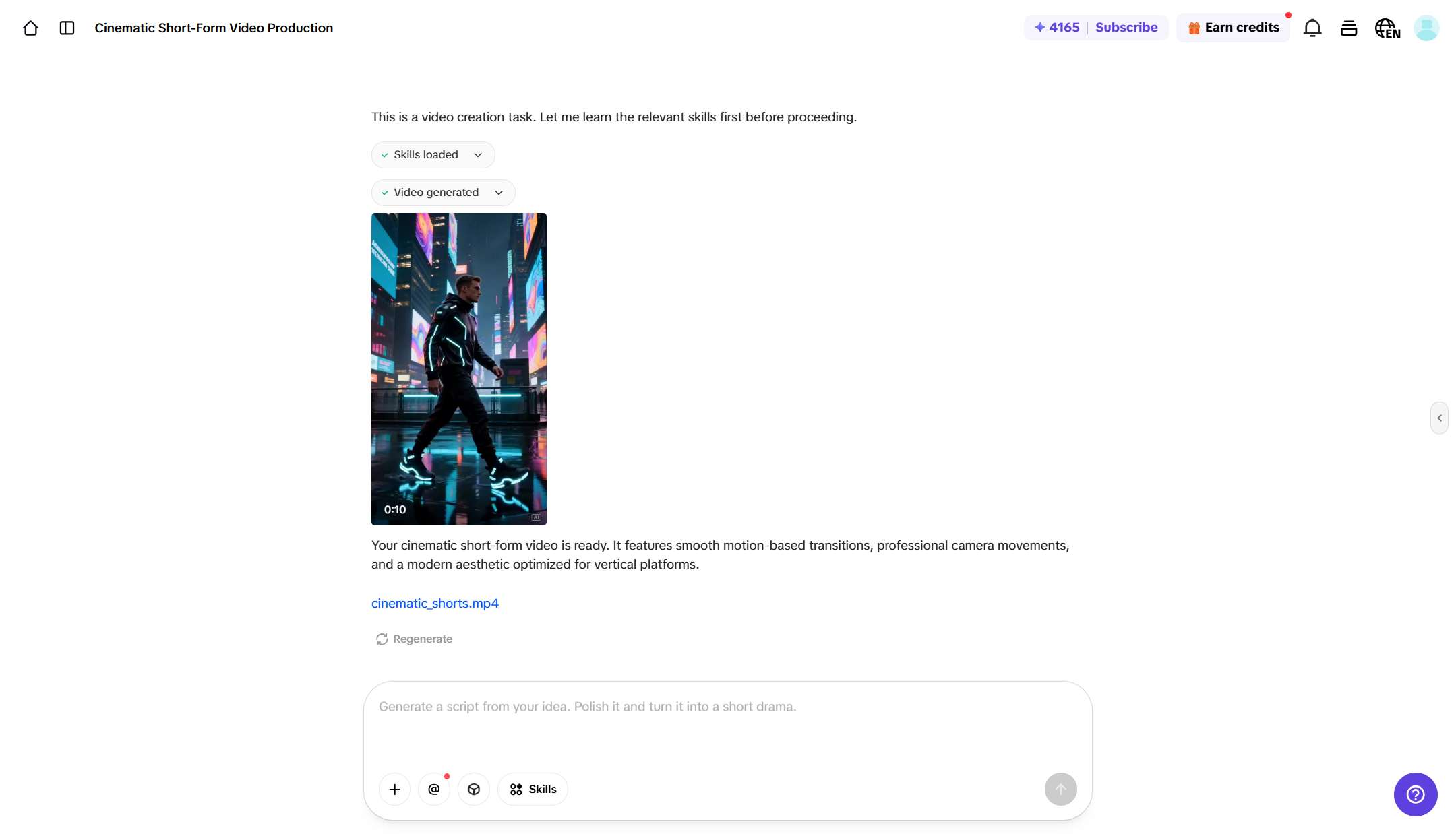 AI prompt box inside Pippit showing cinematic transition prompt input