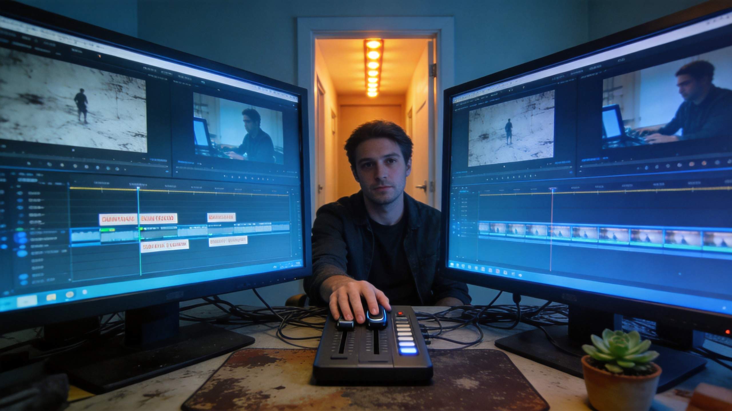 Video editor at dual monitors using a control panel in a dim room