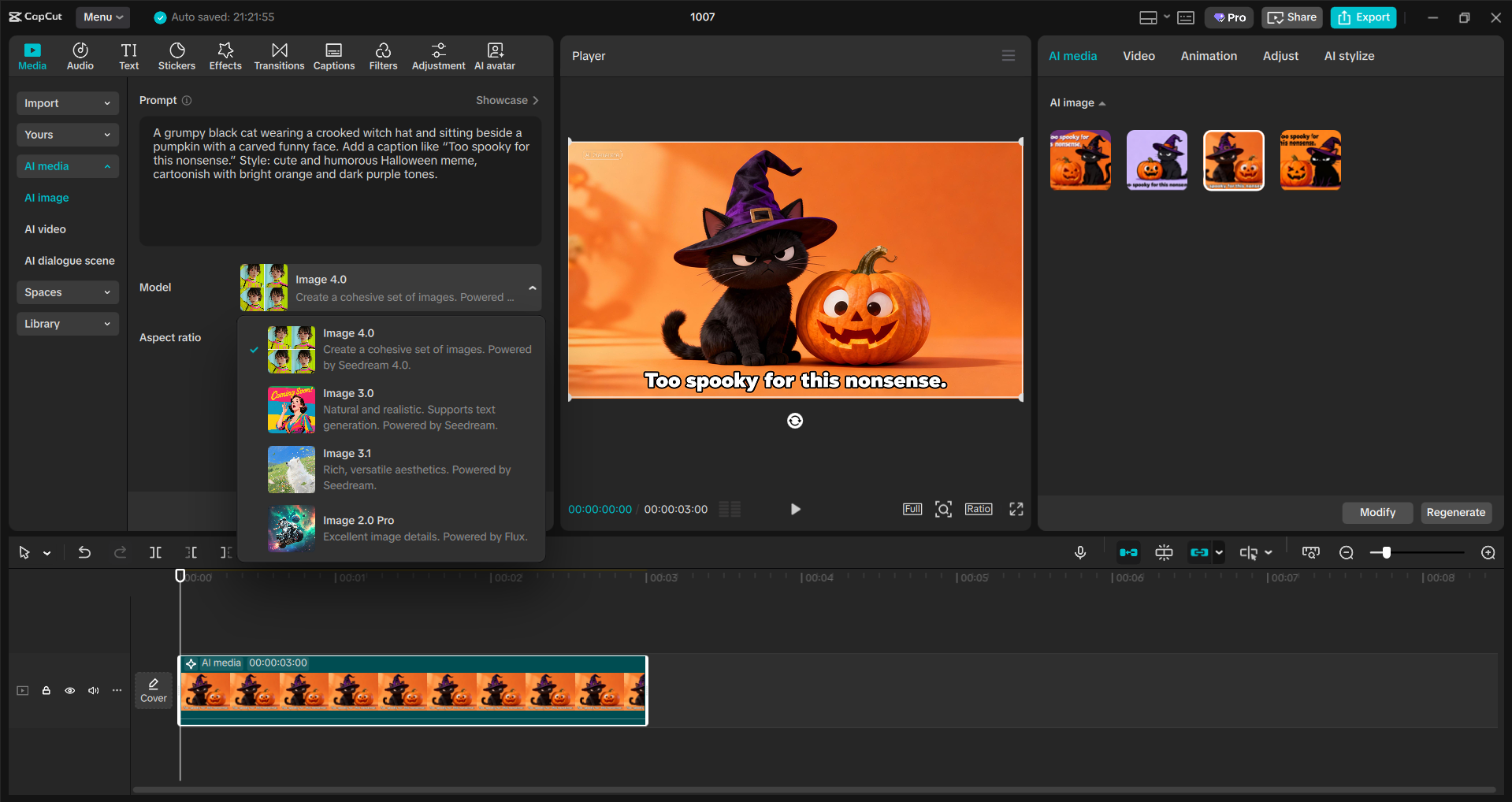 Interface of the CapCut desktop video editor - an easy way to generate and edit Halloween cat memes