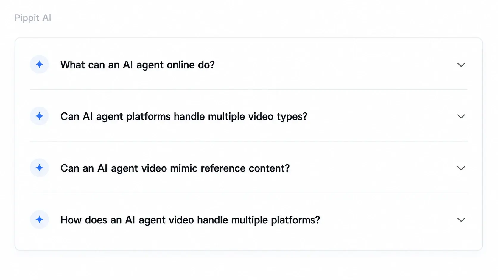 Pippit AI FAQ list with four collapsed questions and dropdown arrows