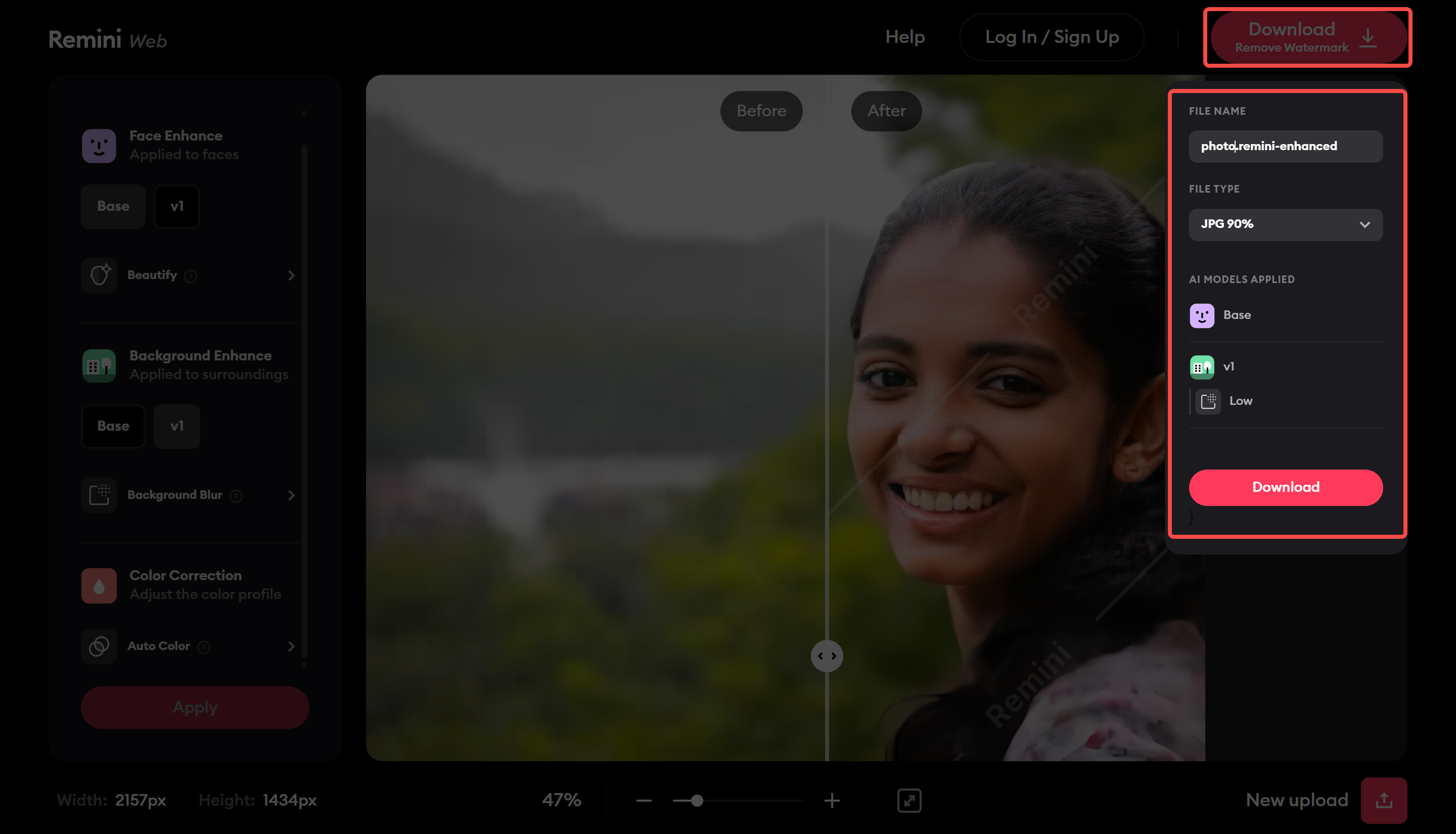 Downloading the restored photo from the Remini image enhancer