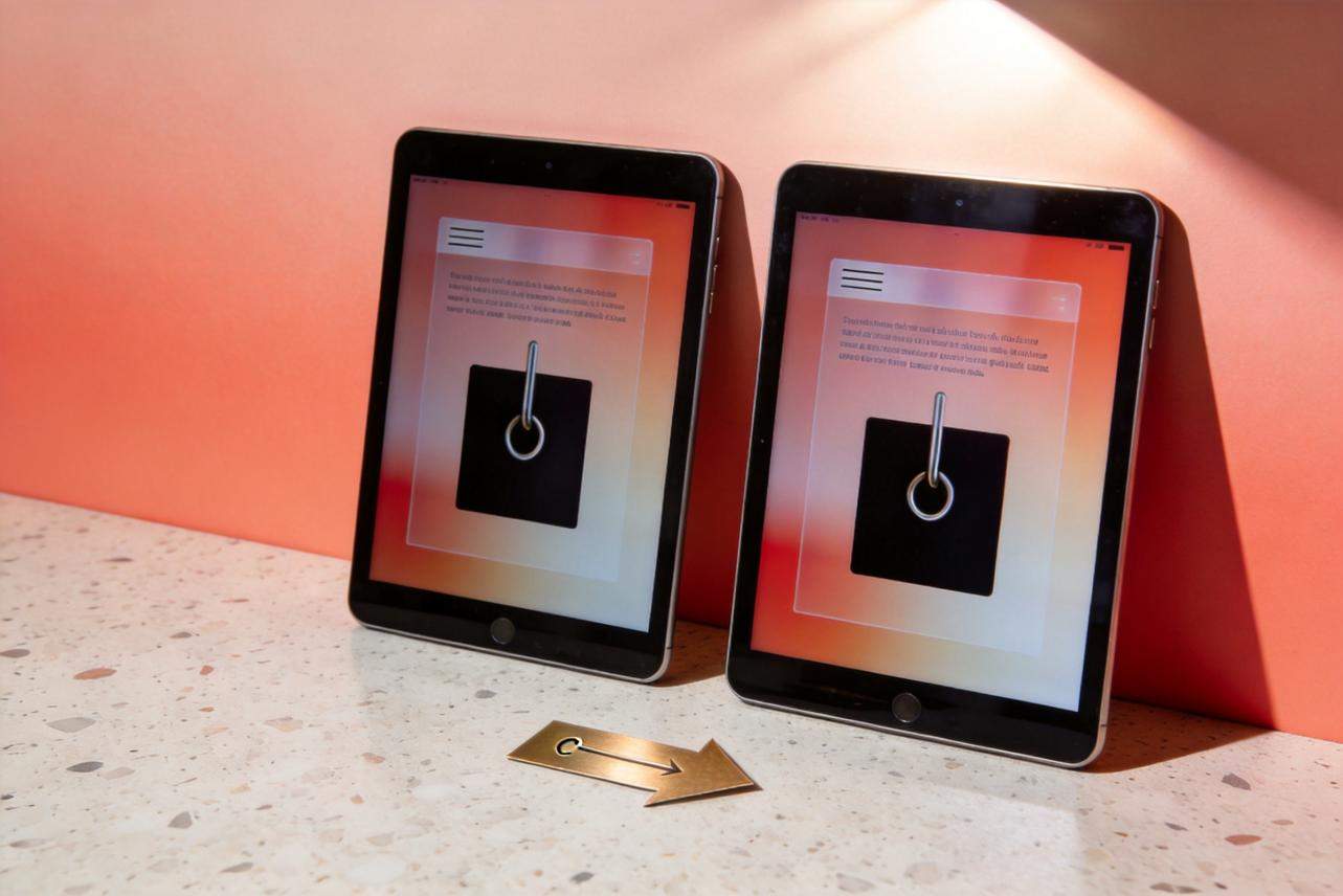Two tablets displaying a webpage sit on a countertop beside a gold arrow icon
