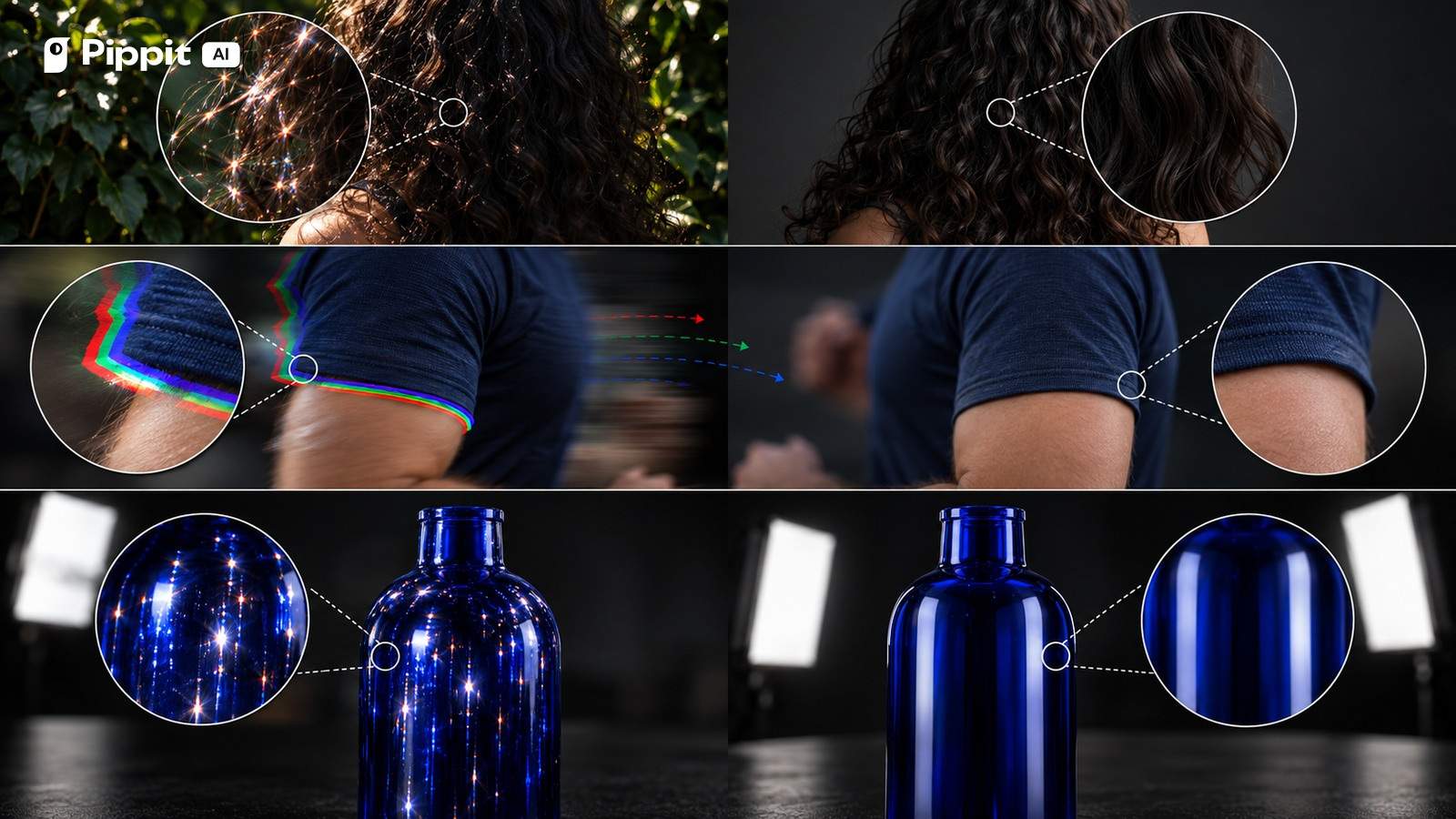 Macro comparisons show unstable and stable hair, sleeve edges, and cobalt bottle reflections.
