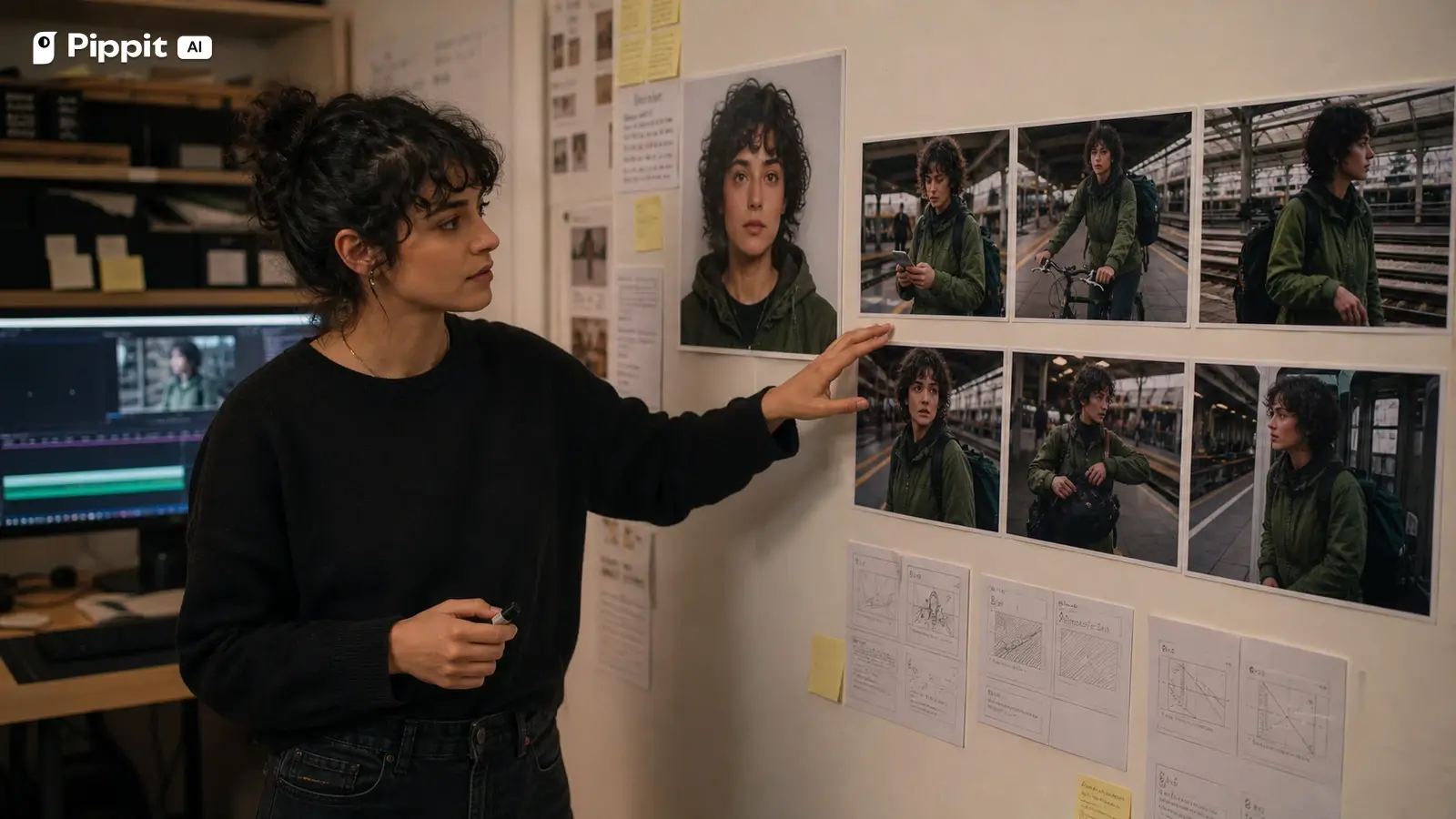 A filmmaker compares one character anchor portrait with consistent train station scene references.