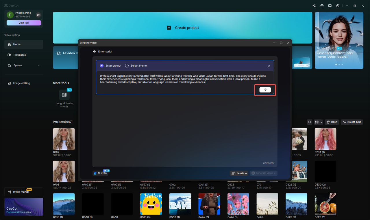 Vkládání vašeho nápadu na obsah do CapCut