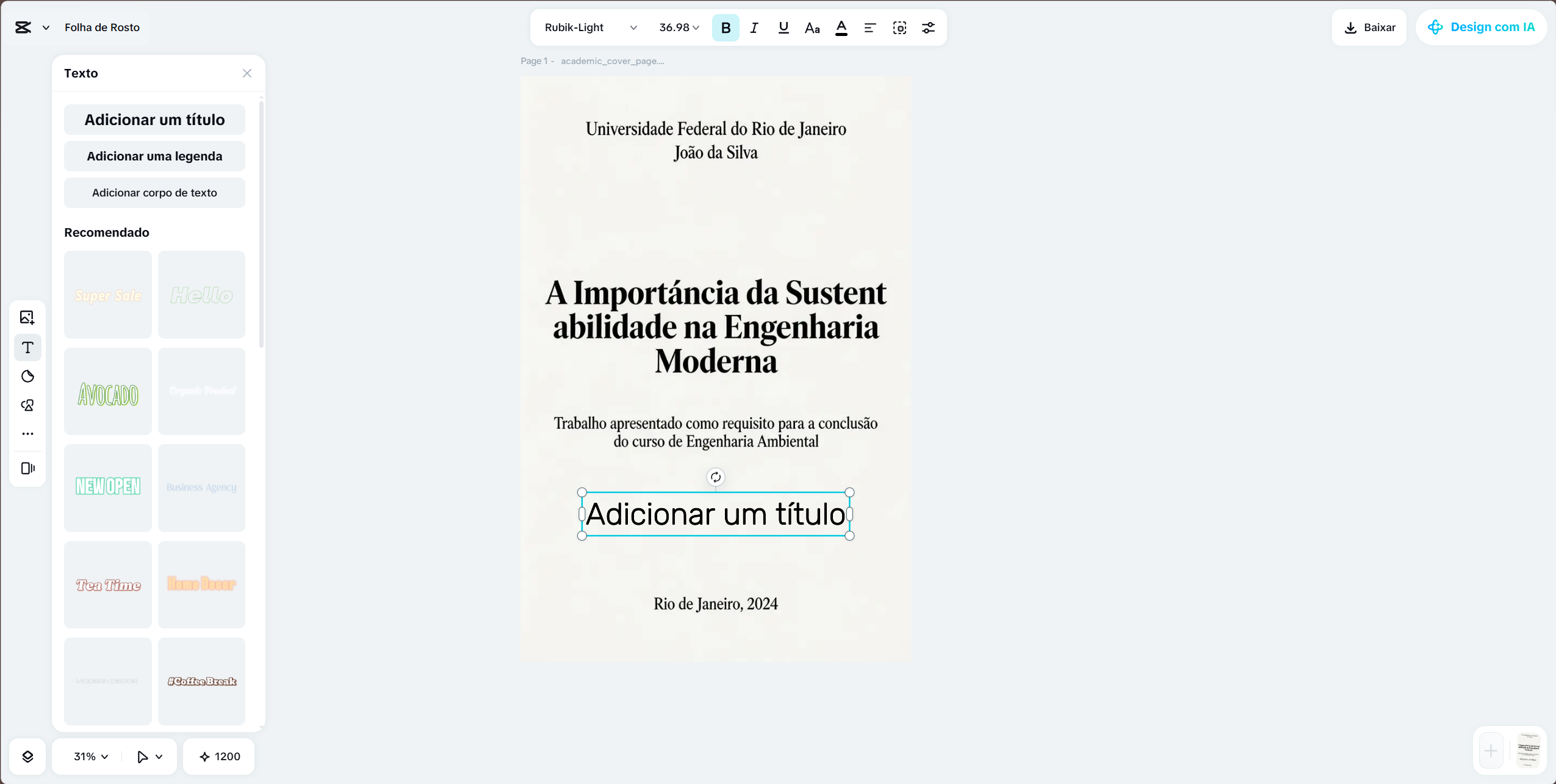 Adicionando e organizando textos acadêmicos na folha de rosto