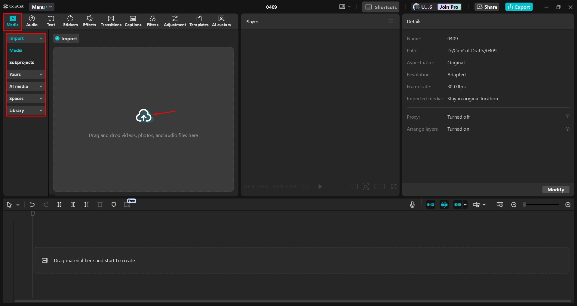 Importing a video into the CapCut desktop video editor