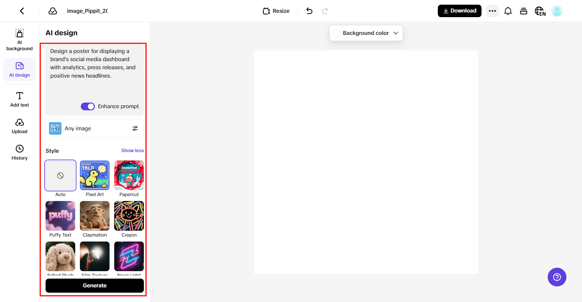 Access AI design and enter a prompt