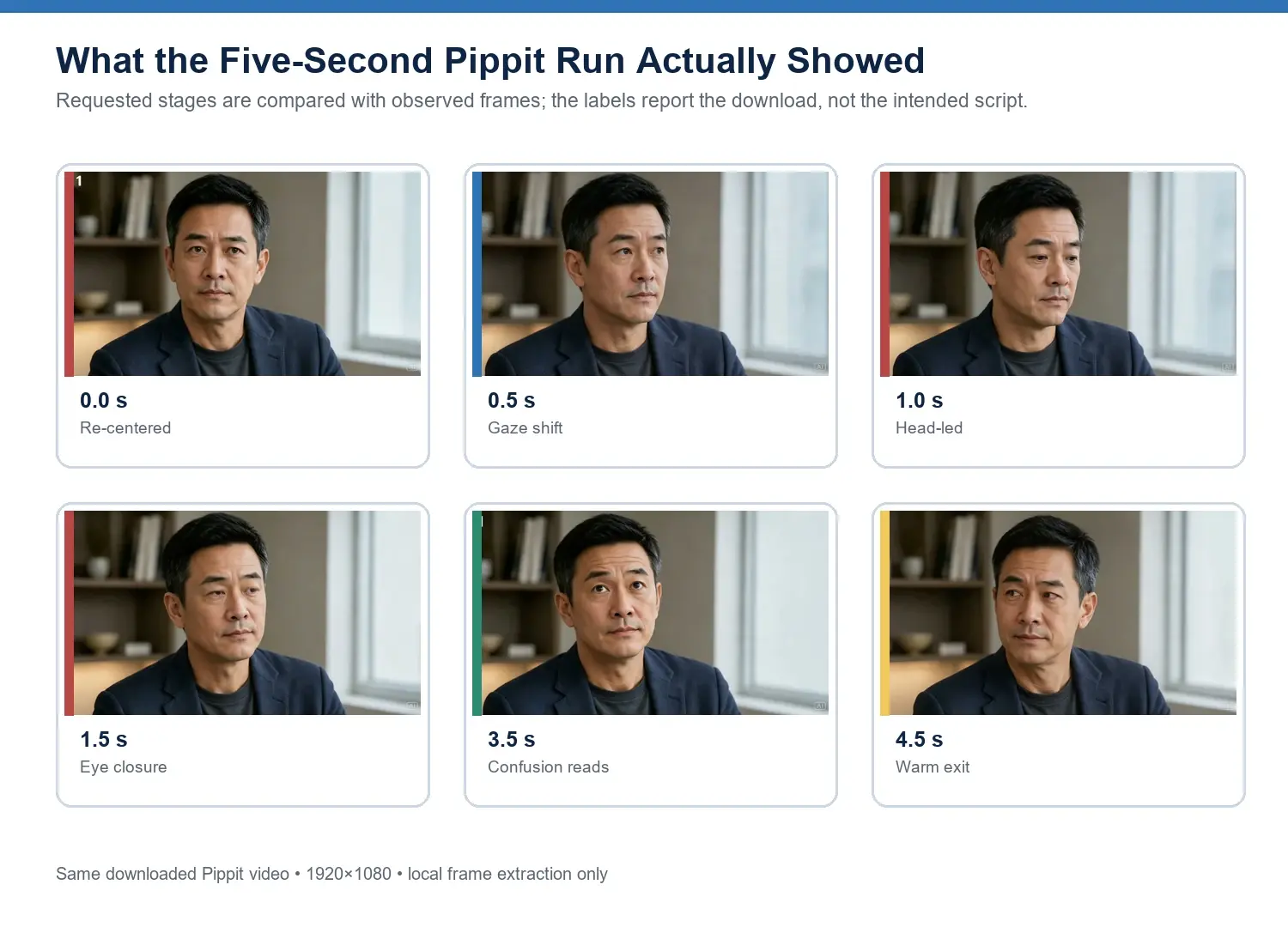 Six labeled frames show a man shifting gaze and expressions over 4.5 seconds.