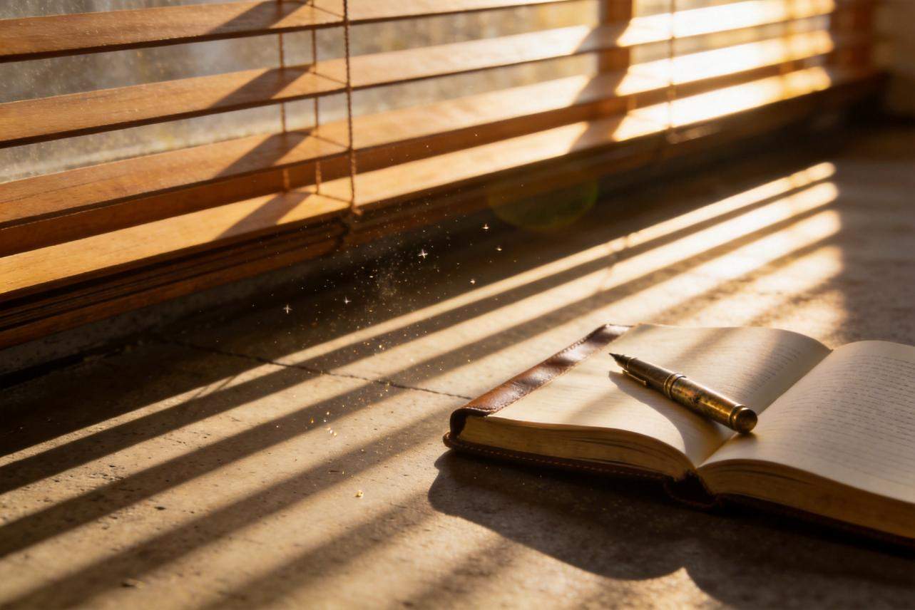 Sunlight through blinds casts stripes across an open notebook with a pen