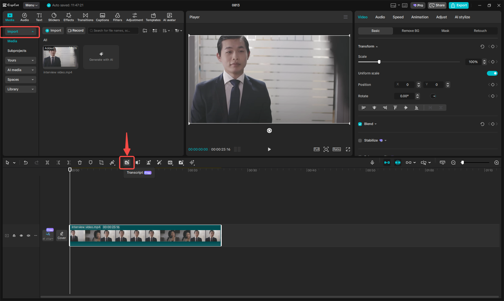 Importing the video in CapCut