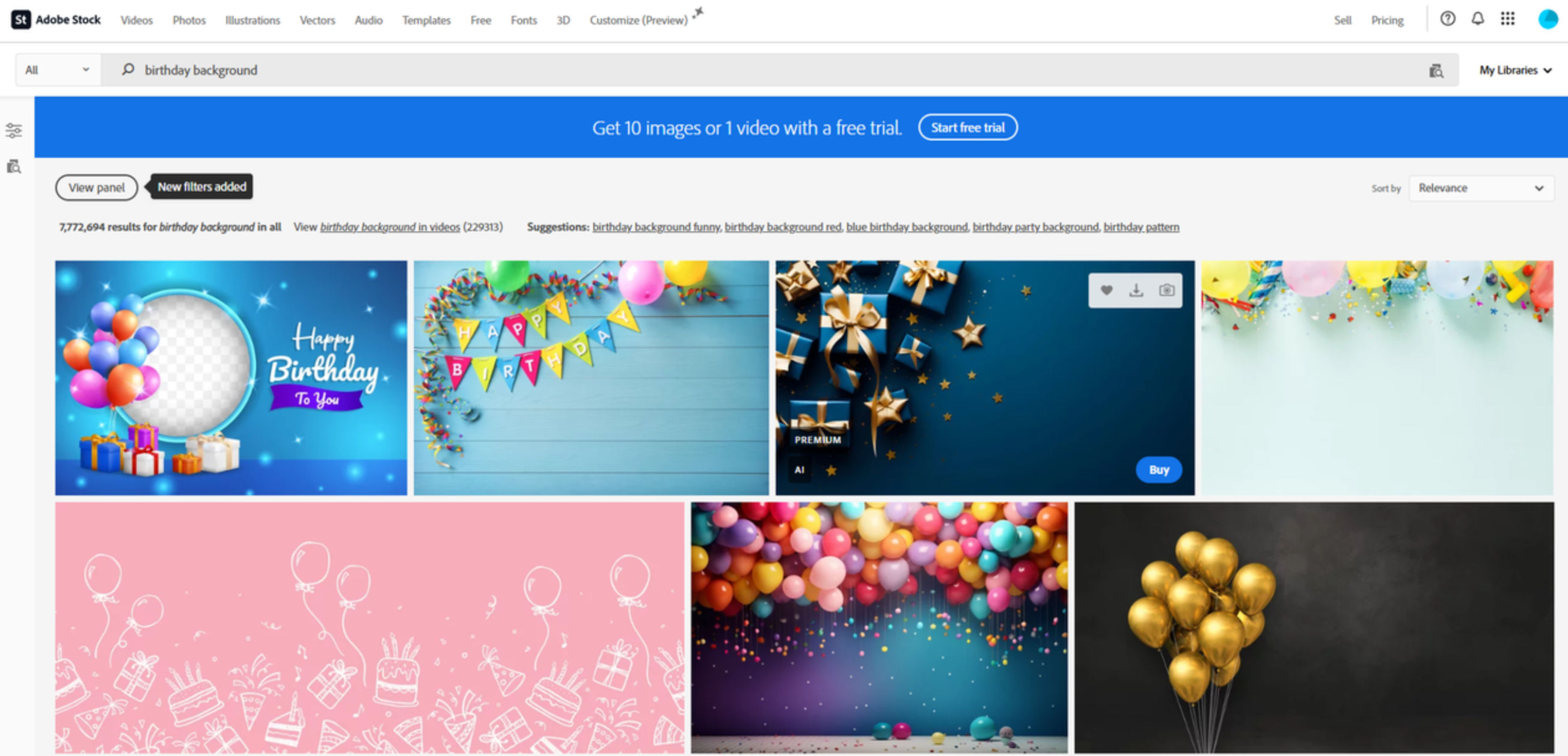 Interface of Adobe Stock - an ideal place to find birthday backgrounds