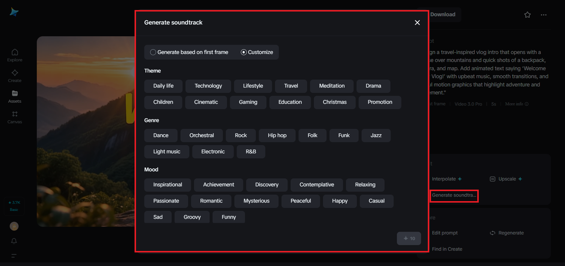 Generate soundtrack feature in Dreamina