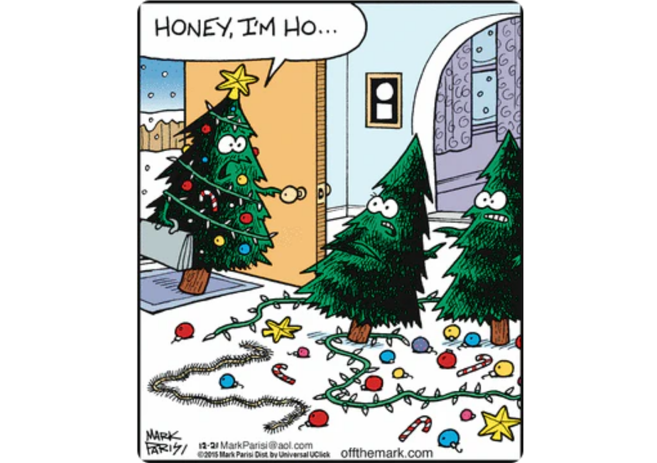 Humorous Christmas tree meme in awkward situation