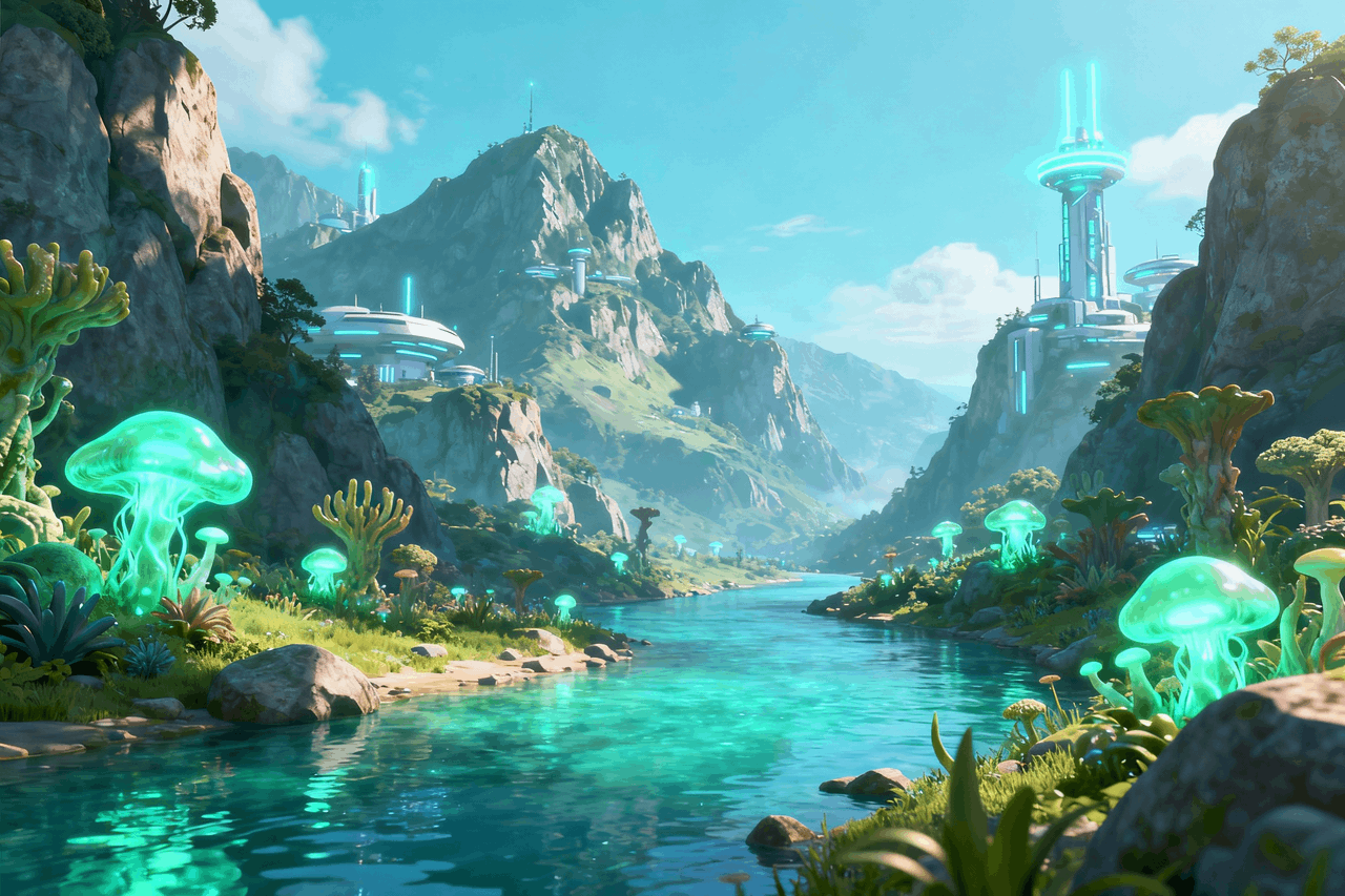 A dreamy world with glowing mushrooms