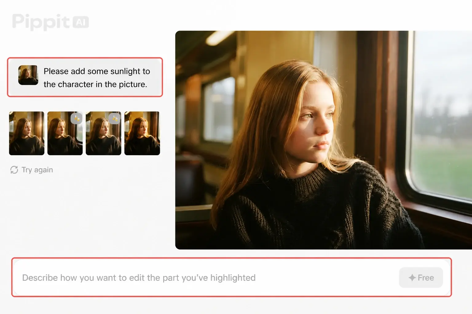 Editing interface with prompt to add sunlight to a woman sitting by a window