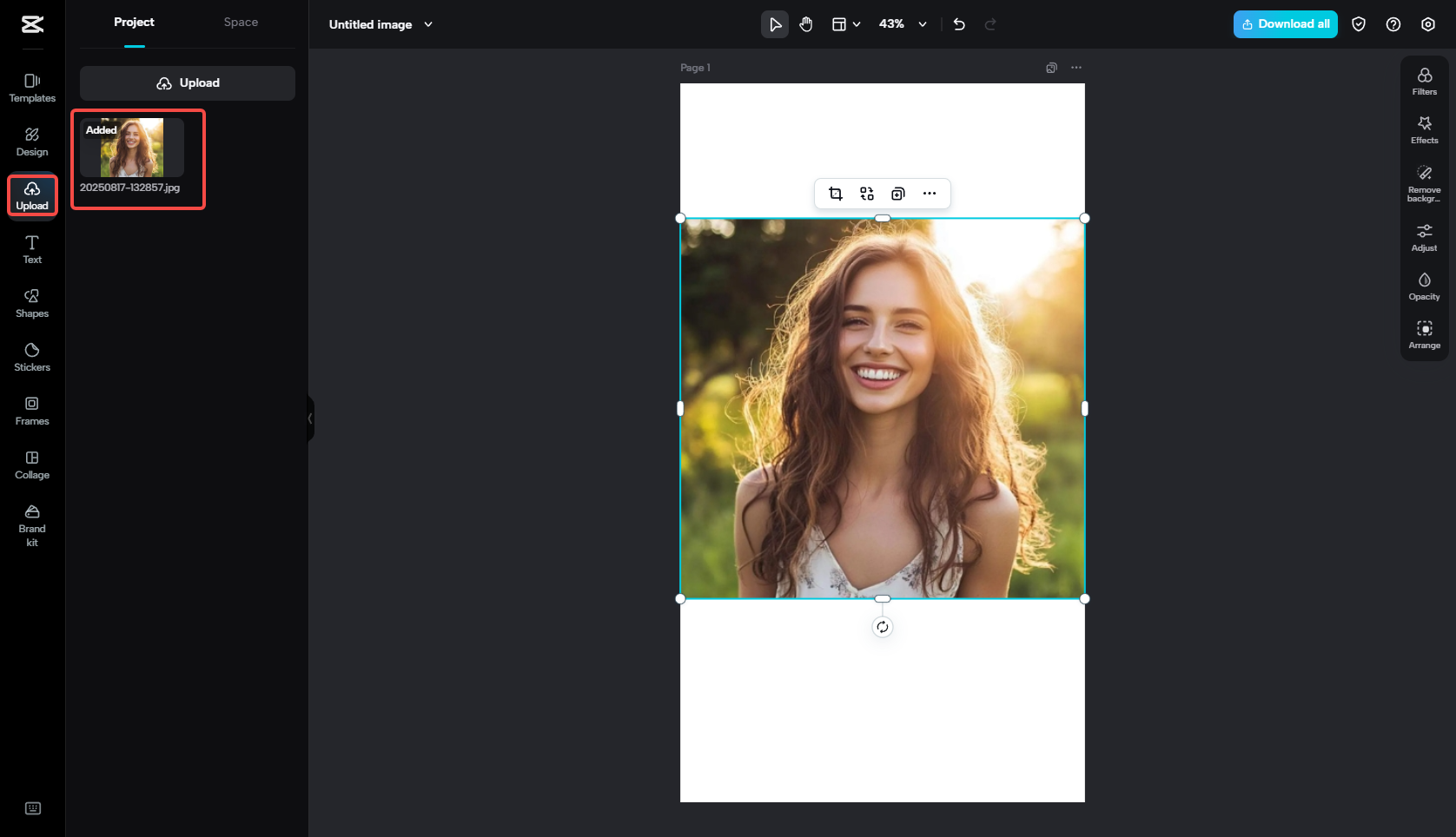 Upload the Facebook profile photo in CapCut