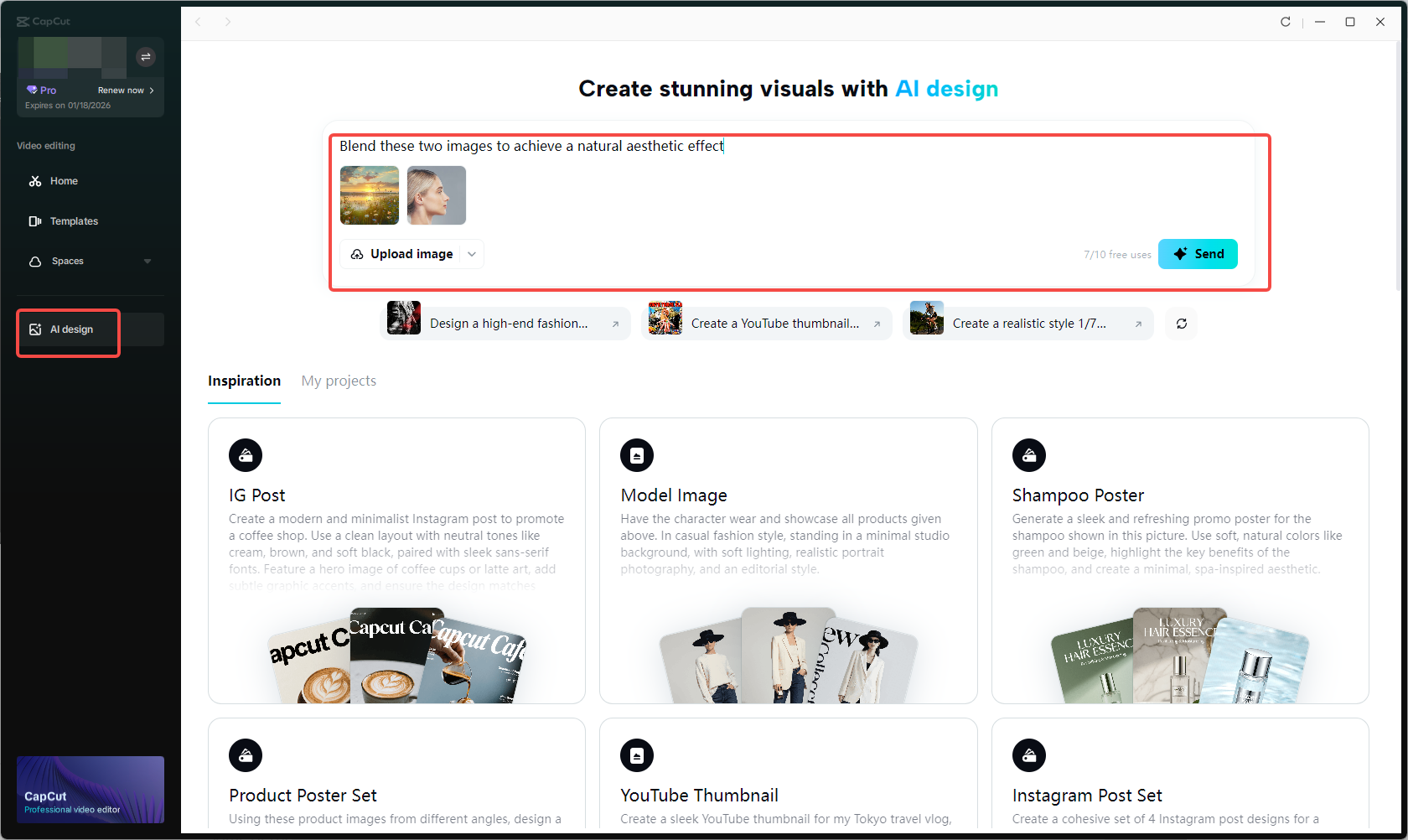 Input images and enter text prompt to CapCut AI design tool