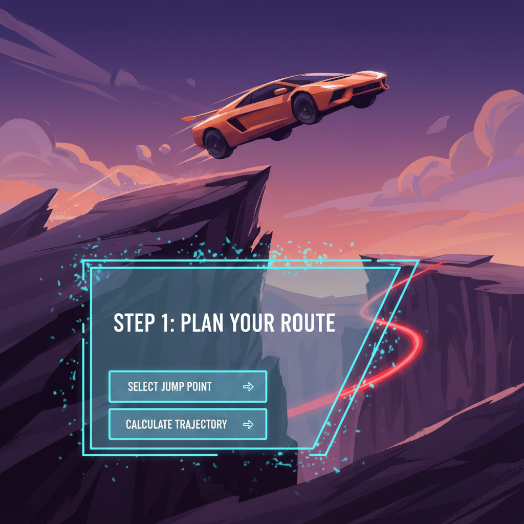 Step 1 illustration: write prompt—UI shapes implied over cinematic car jump background, clean 1:1.