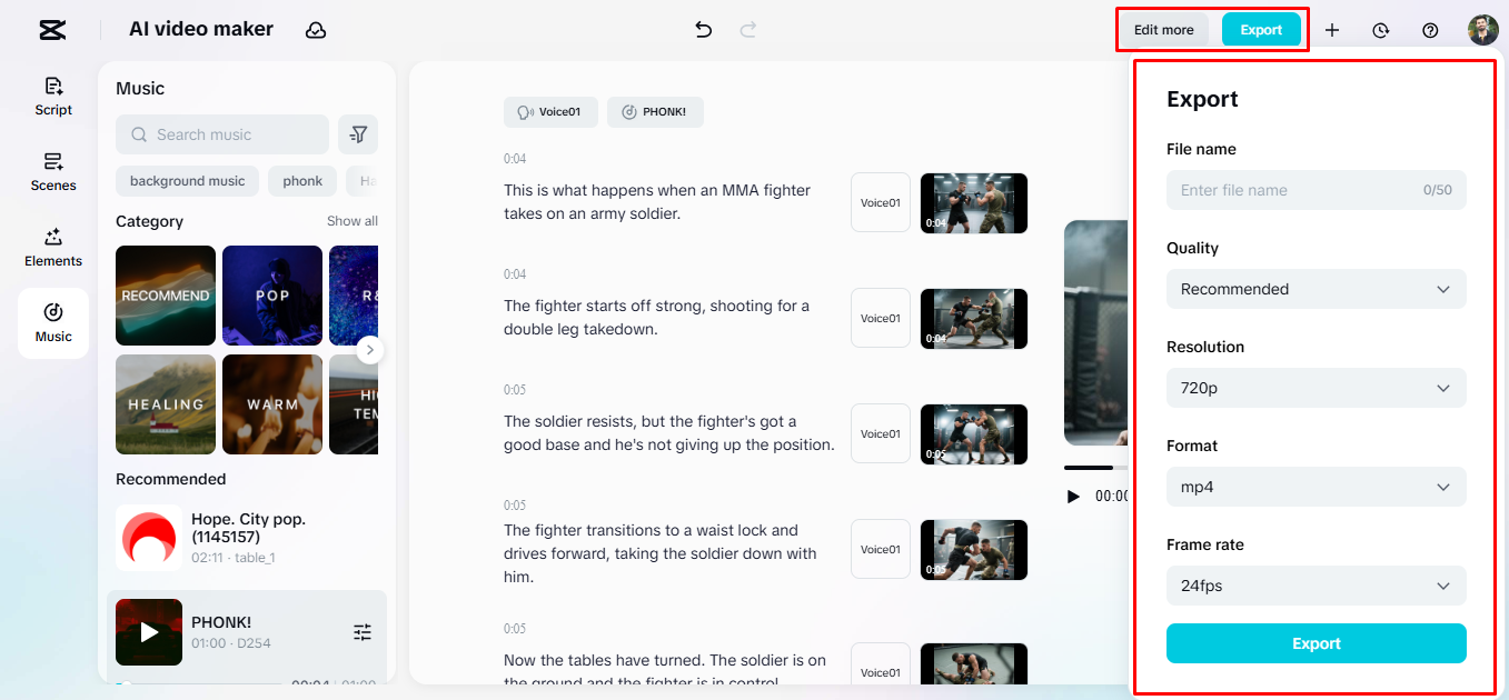 Das Video mit dem KI-Videoersteller von CapCut exportieren