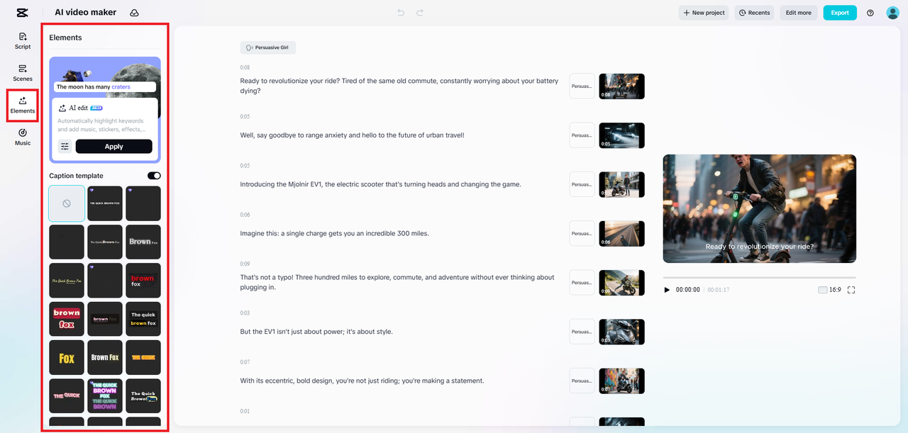 Videonuzu altyazı şablonları ve yapay zeka düzenleme ile geliştirin