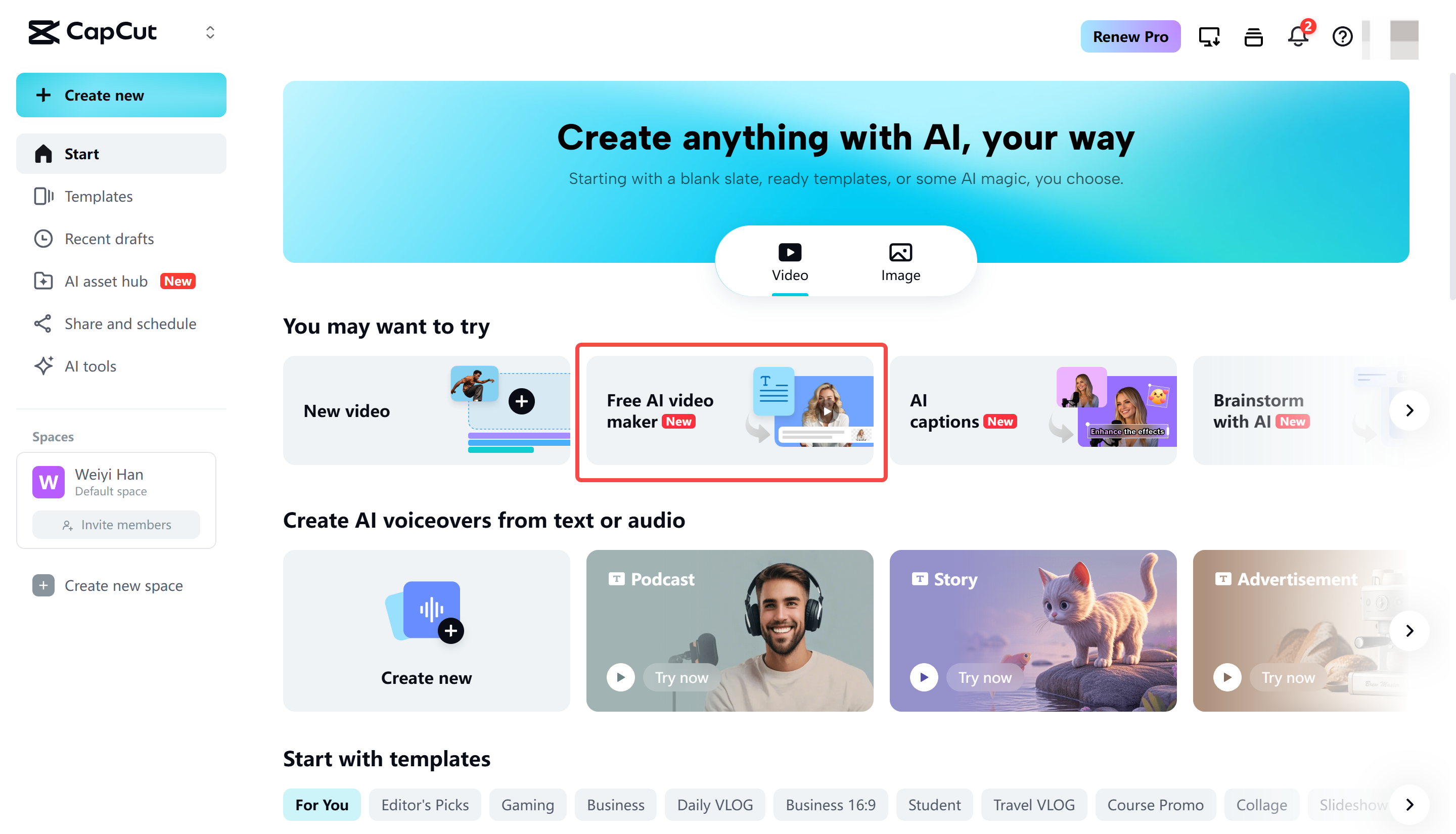 Opening the AI video maker in CapCut Web