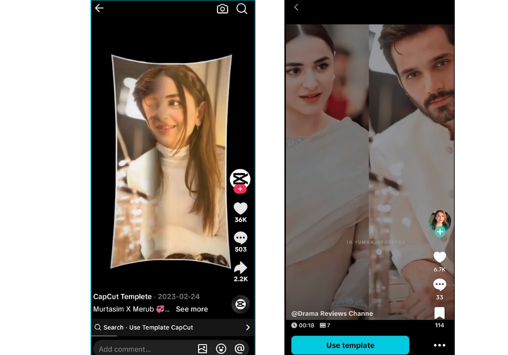 Capcut template selection opened from a TikTok video