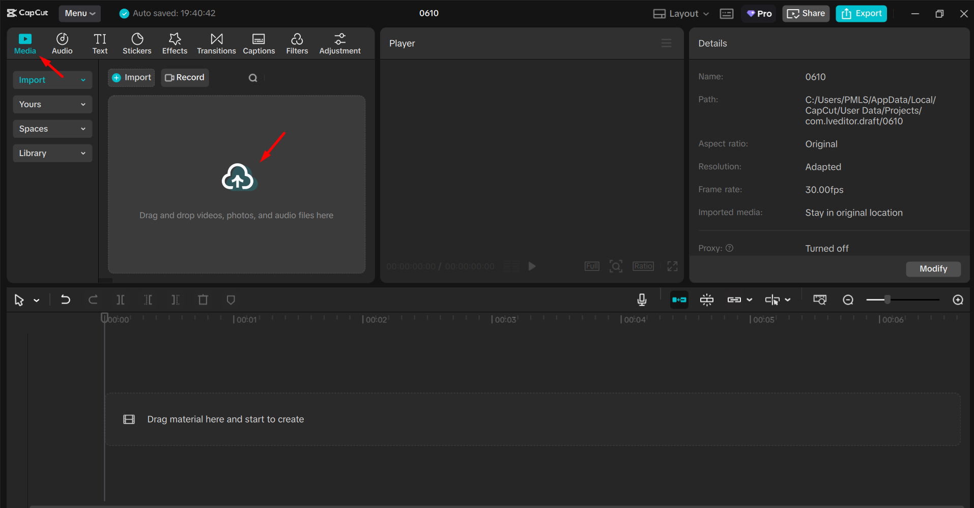 Importing the video into the CapCut desktop video editor