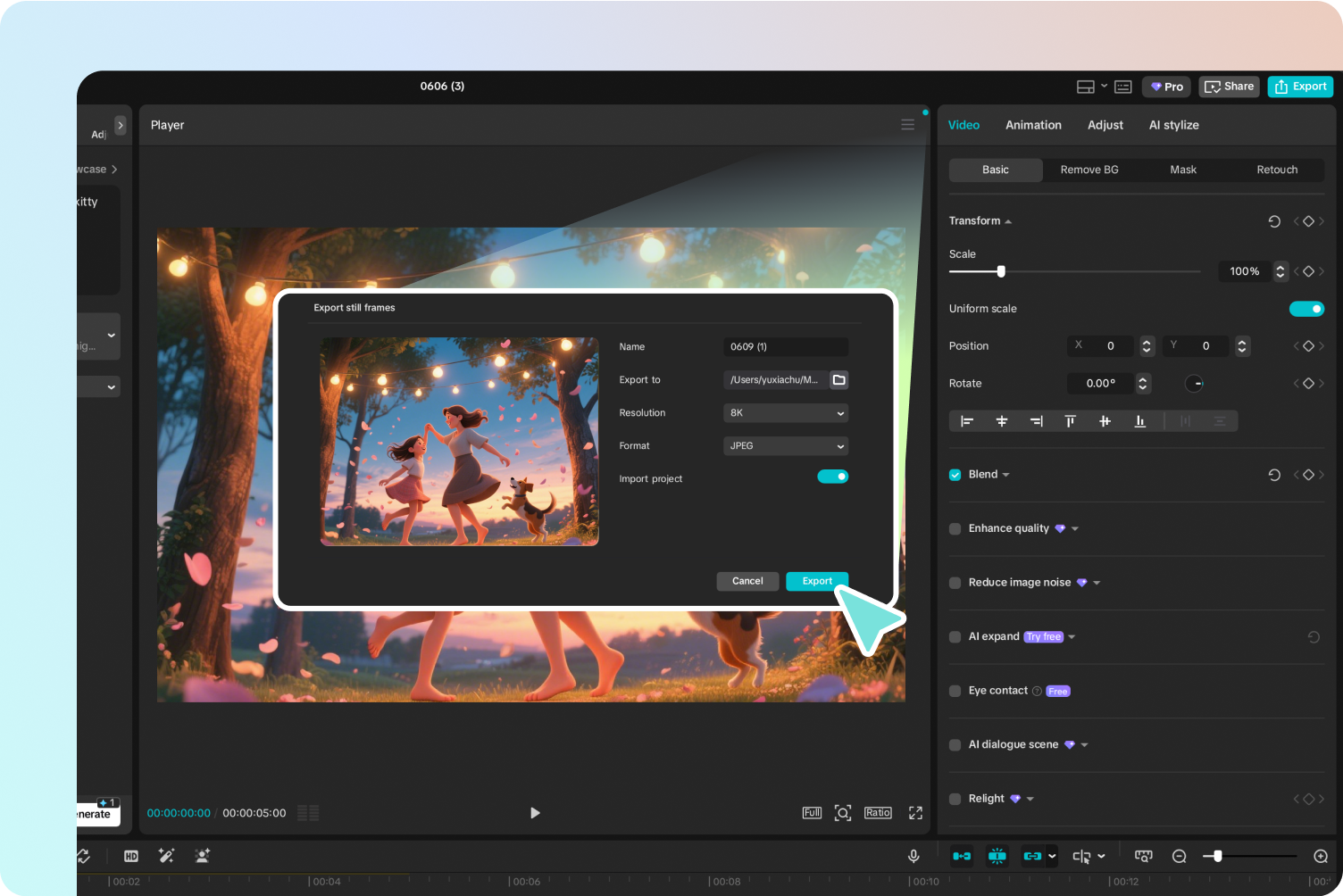 Exporting the final image from CapCut's AI picture generator 