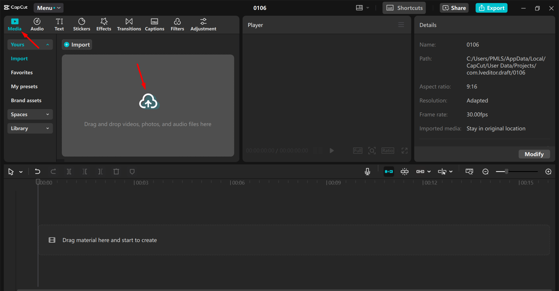 Importieren des Bildes in den CapCut Desktop-Video-Editor