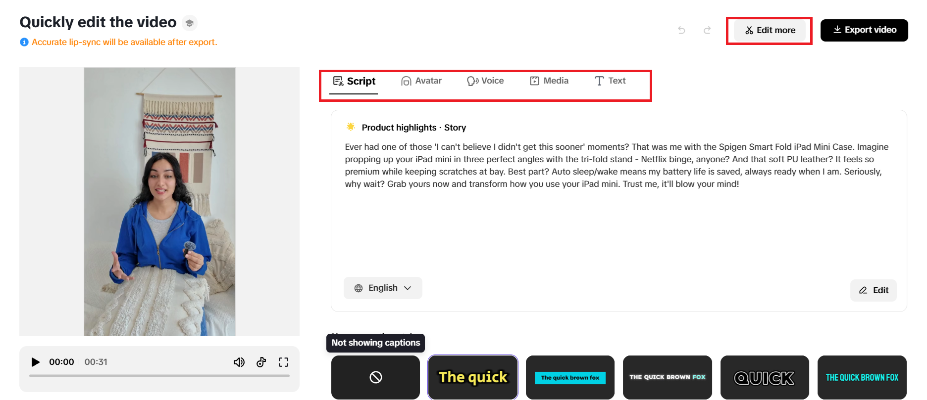 Quick editing options