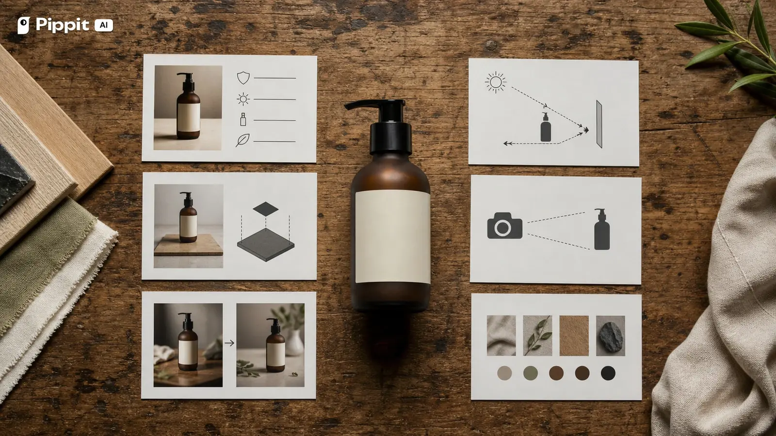 Six physical brief cards surround an amber pump bottle and describe set, light, camera, and boundaries.