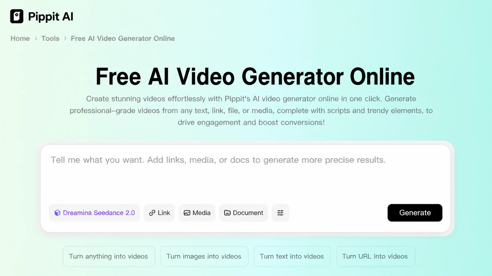 Pippit AI Video Generator input routes showing the prompt field with Link, Media, and Document choices
