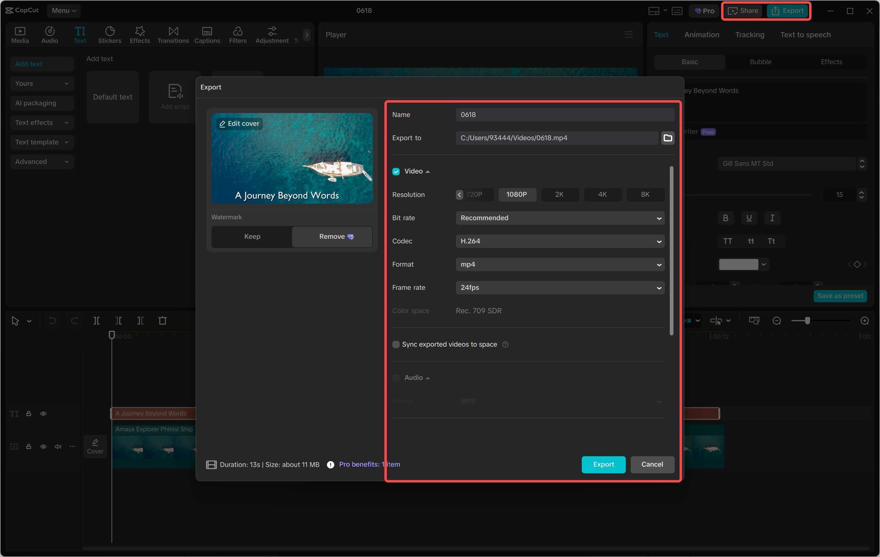 Exporting a video from the CapCut desktop video editor
