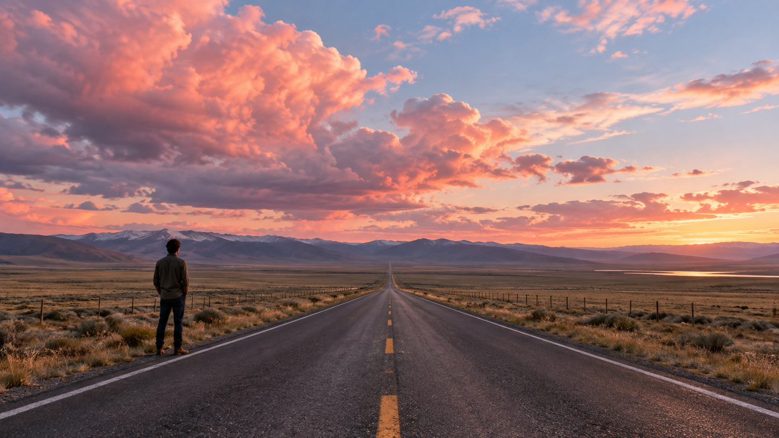 aesthetic sky AI prompts: Pink-Cloud Open Road