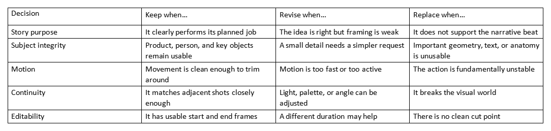 Table showing video review criteria: decision, keep when, revise when, replace when