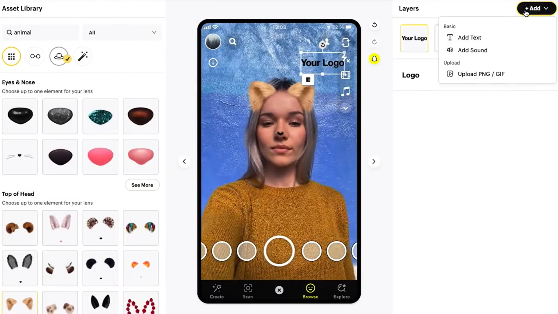 Interface of Snap AR - the best tool to create Snapchat like filters online