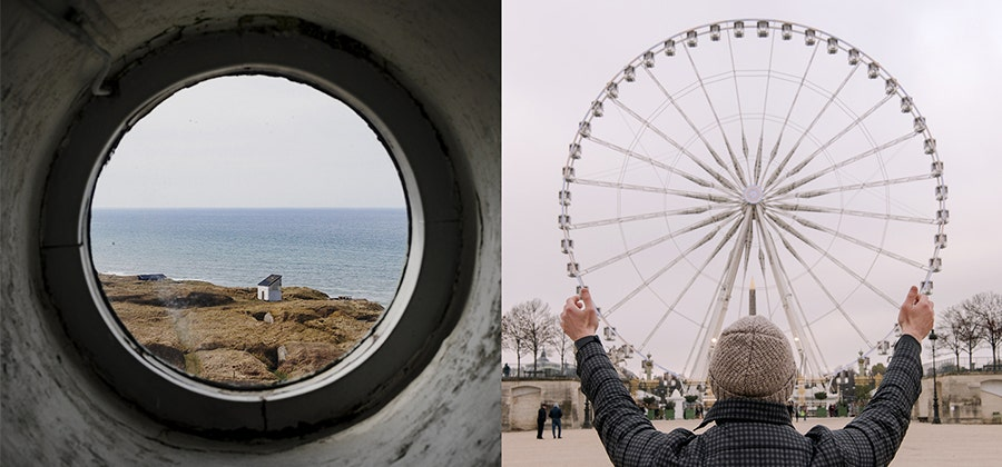 Match cut film transition of ferris wheel and camera lens