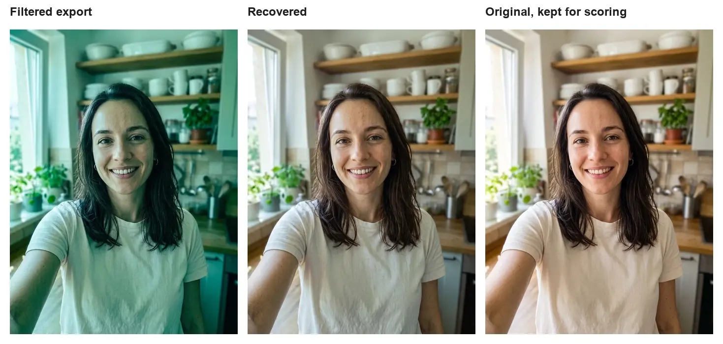 Three side-by-side portraits of a woman in a kitchen: filtered export, recovered, and original